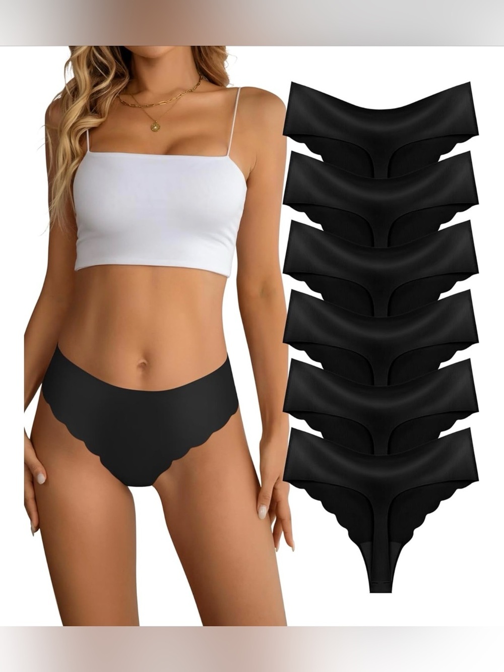 Women’s Size XXL Seamless Scalloped Edge Black Thong Panties - Pack of 6, New